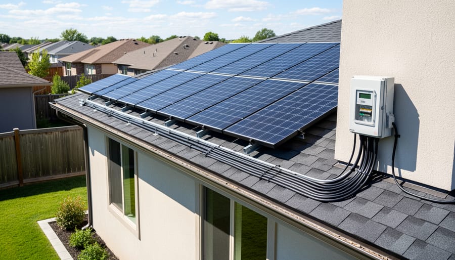 Residential rooftop solar panels with visible mounting rails under overcast daylight