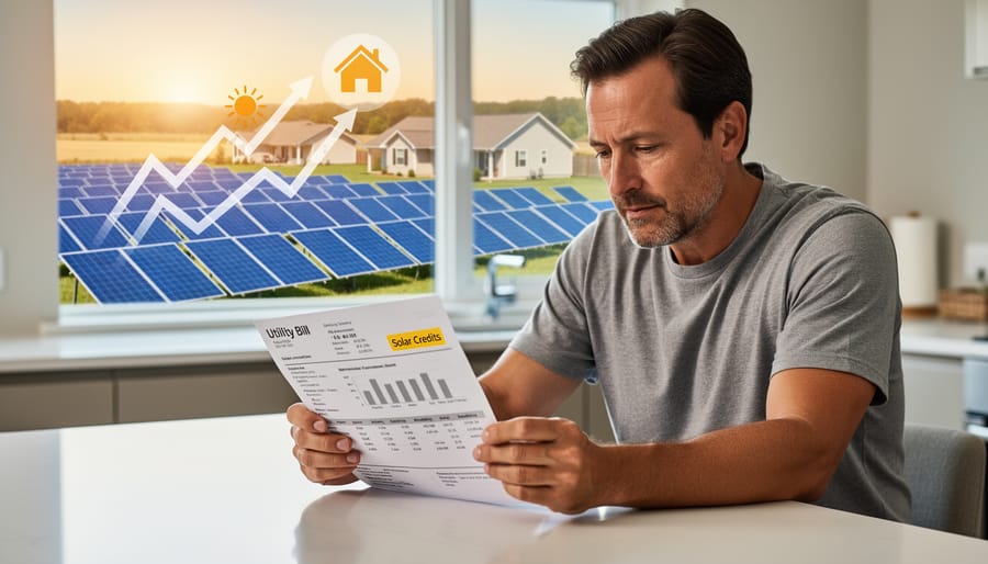 Person holding a utility bill near a window with greenery and a solar panel visible in the background
