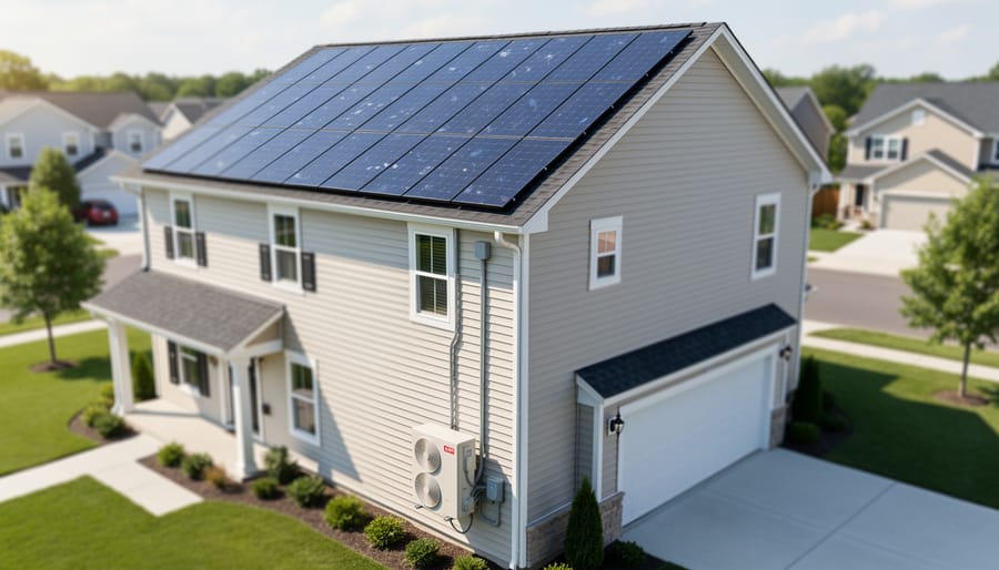 Rooftop solar panels on a home under golden hour sunlight.