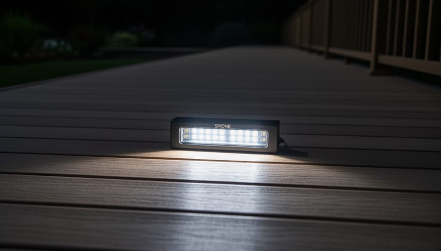 SHONE 48-LED solar deck light glowing brightly on a deck edge