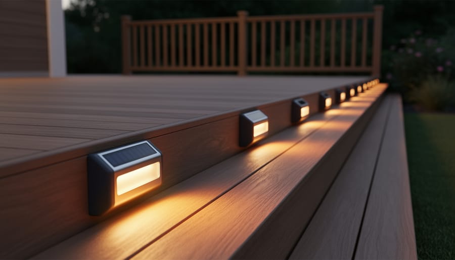 Siedinlar solar deck lights glowing along a residential deck edge at dusk