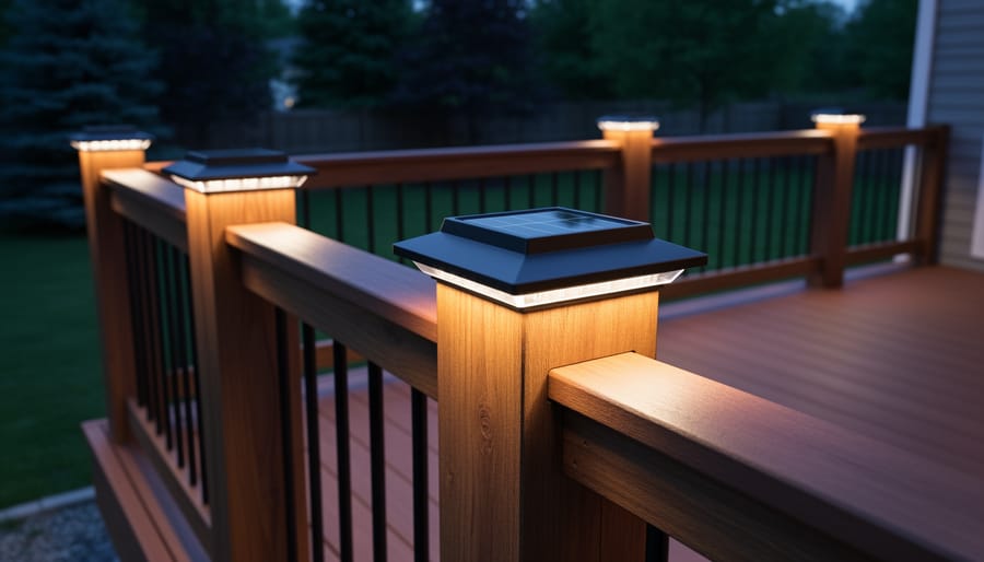 Siedinlar solar post lights installed on wooden deck post caps