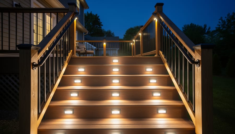 Solar deck lights glowing along a wooden deck walkway at dusk