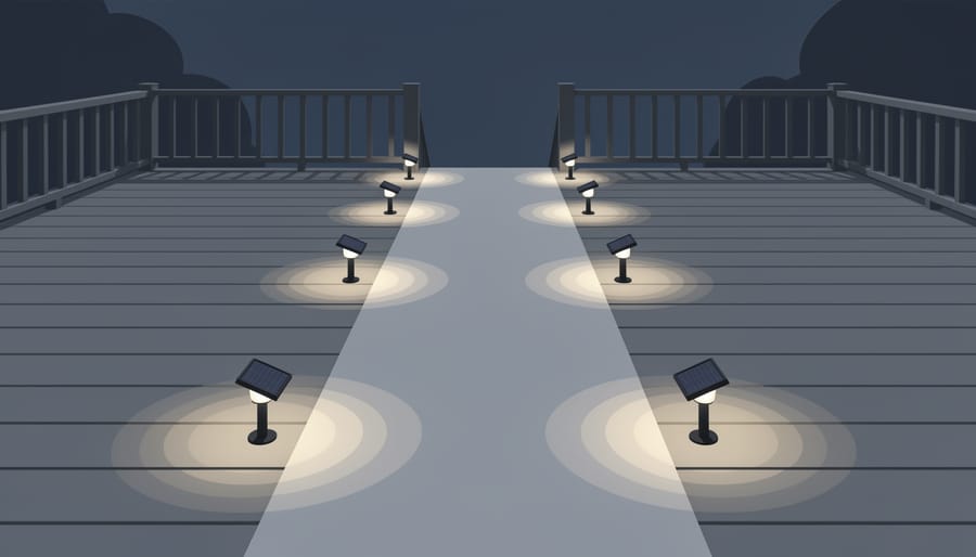 Nighttime walkway lit by warm solar deck lights toward a home entrance