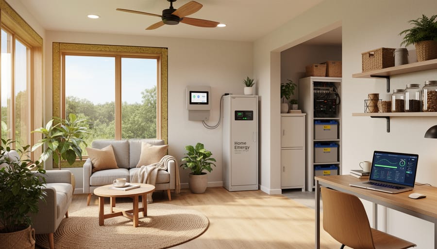 Solar-powered home interior showing a window-lit sustainable workspace with an off-grid energy setup.