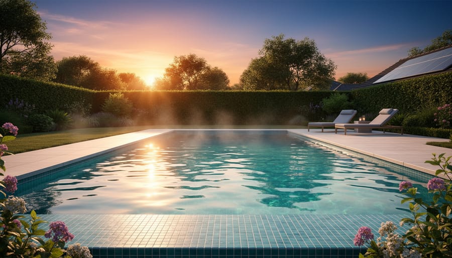 Sunlight reflecting on an inground pool water surface at dusk with distant solar collectors in view