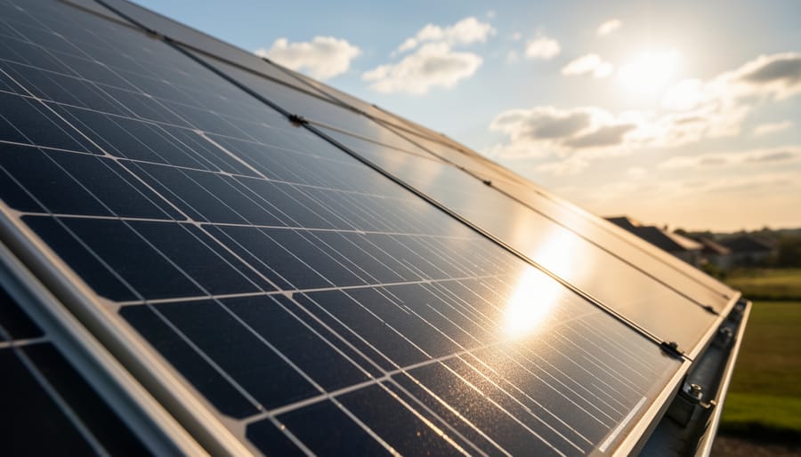 Close-up of a solar panel receiving golden sunlight mounted on a deck edge