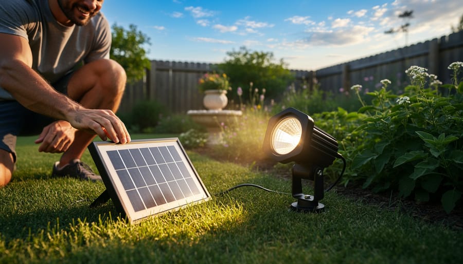 Solar spotlight setup on a driveway with its solar panel exposed to bright sunlight