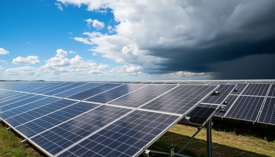 Solar panels under partly cloudy skies with sunlight breaking through