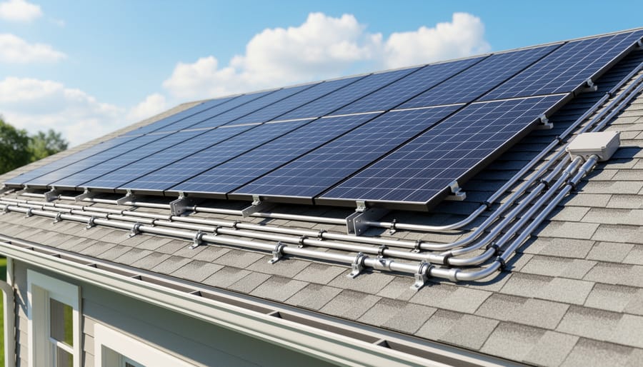 Solar panels and weatherproof pump setup next to a pond with water hoses leading to a water feature