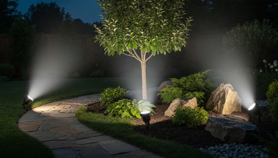 Solar spotlight beam illuminating a hedge near a brick wall at night