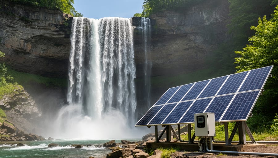 Solar-powered waterfall flowing over stacked stones into a pond with surrounding garden plants