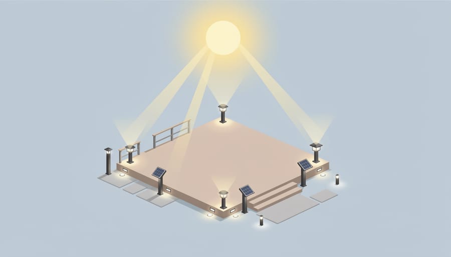 Sunlight illuminating a solar panel with solar deck light fixtures in soft focus