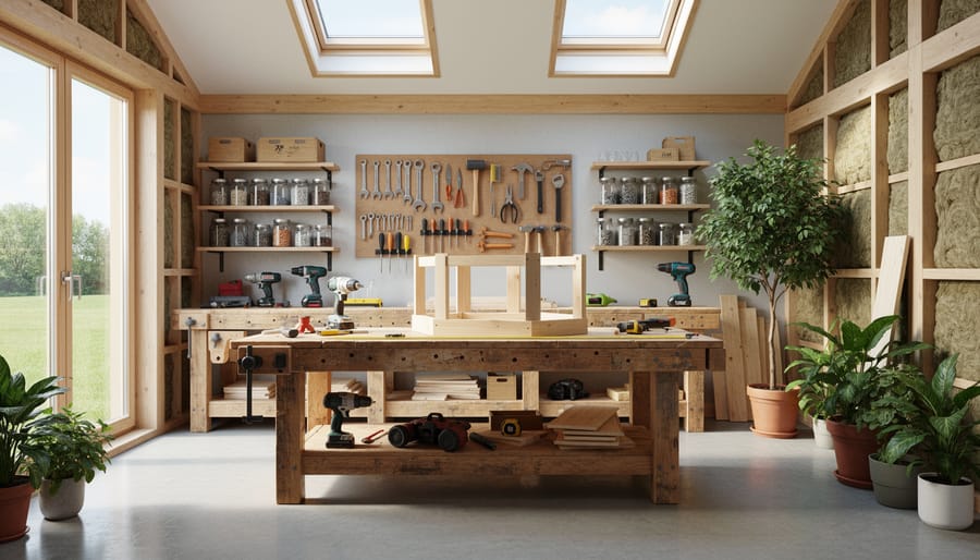 Bright eco-friendly DIY workshop with reclaimed wood storage and recycled metal tool organization.