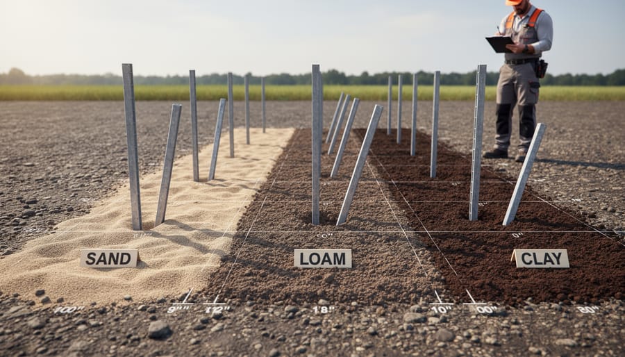 Top-down view of soil patches with stake points for outdoor solar lights in a garden bed