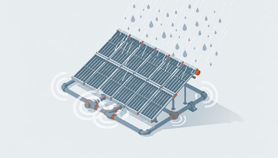 Gloved hands inspecting a weatherproof cable connection for a solar water pump near an outdoor water feature
