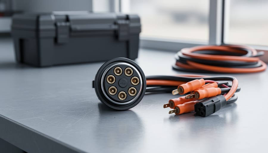 Close-up of a 7-way RV plug connector with visible wiring harness and insulated wires on a workbench.