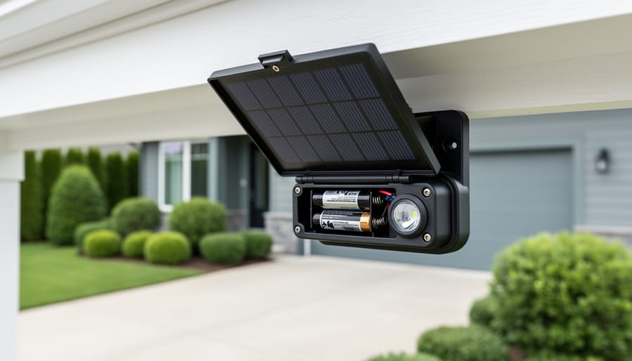 Close-up of a Defiant solar motion security light under a home eave with the solar panel cover lifted for inspection and maintenance.