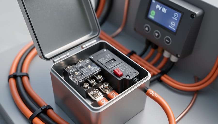 “Close-up of DC fuse holders and a breaker/disconnect installed in a metal enclosure with properly routed solar cables for low-voltage circuit protection.”