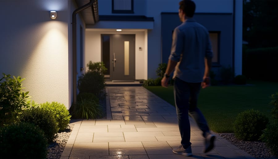 Solar motion security light casting warm light on a driveway during blue hour, with an implied approaching figure in the background.