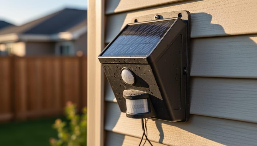 Defiant-style solar motion security light mounted outdoors in daylight, with the solar panel and sensor head visible.