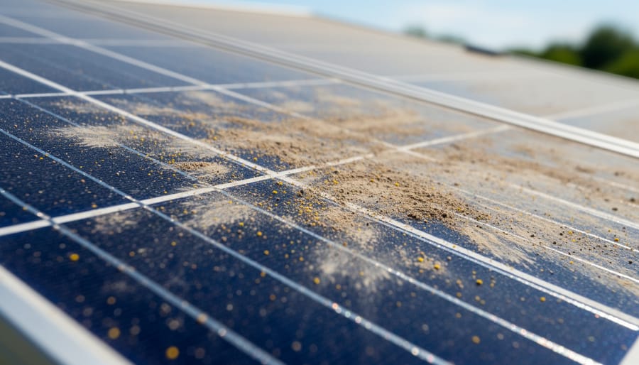Close-up of a solar panel being cleaned with a cloth, showing dust or grime on the surface.