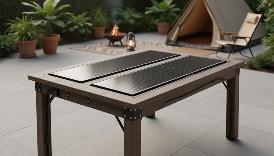 Solar panels mounted on a DIY outdoor table on a patio, with neatly routed power cables leading into the table legs for off-grid charging.