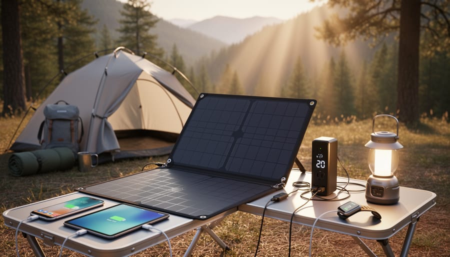 Solar-powered USB charger panel on a campsite table next to a smartphone