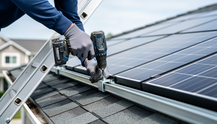 A homeowner’s gloved hands fastening solar panel mounting hardware on a residential roof with a ladder nearby, viewed from a low upward angle.