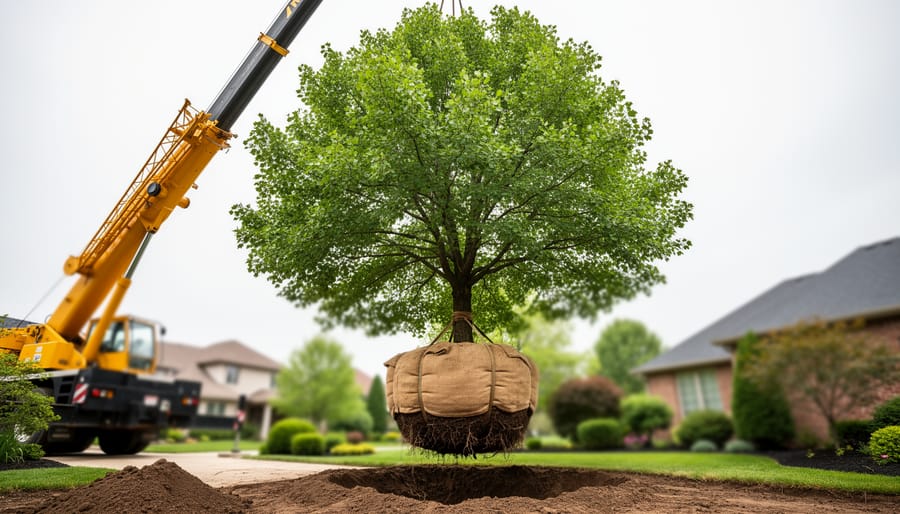 A mature tree with a wrapped root ball is being lifted by a crane during relocation in a landscaped yard under an overcast sky.
