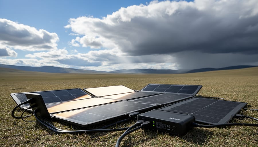 Solar charger panel outdoors with sun and cloud lighting conditions