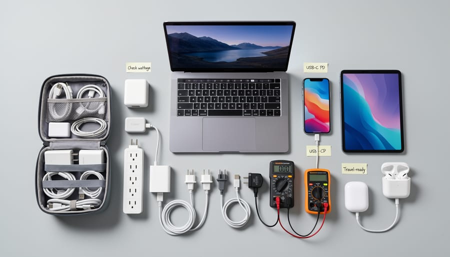 Outdoor gear laid out for solar charger testing including solar panel and USB cables